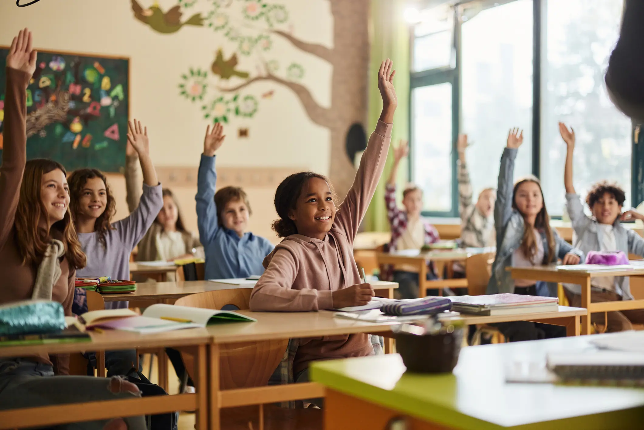 Students raising hands in classroom
