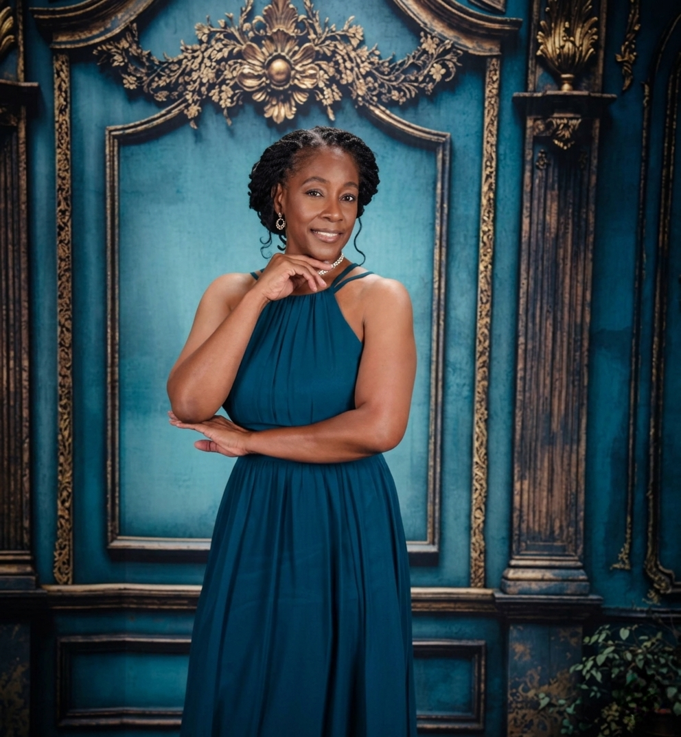 A woman in a blue dress poses confidently in an ornate room.