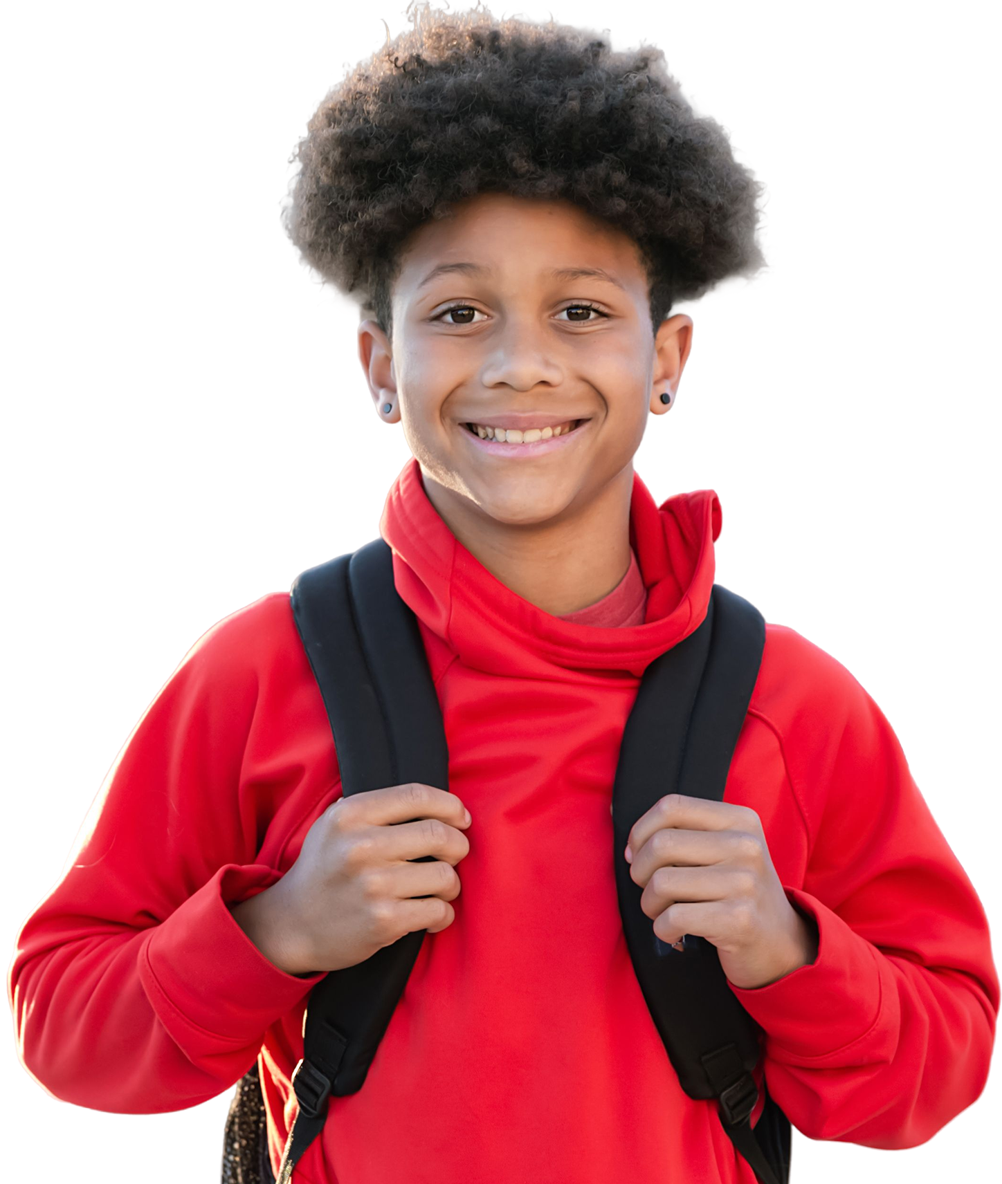 Smiling boy in red hoodie with backpack ready for school.