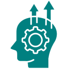 Human head silhouette with gear and upward arrows symbolizing growth.